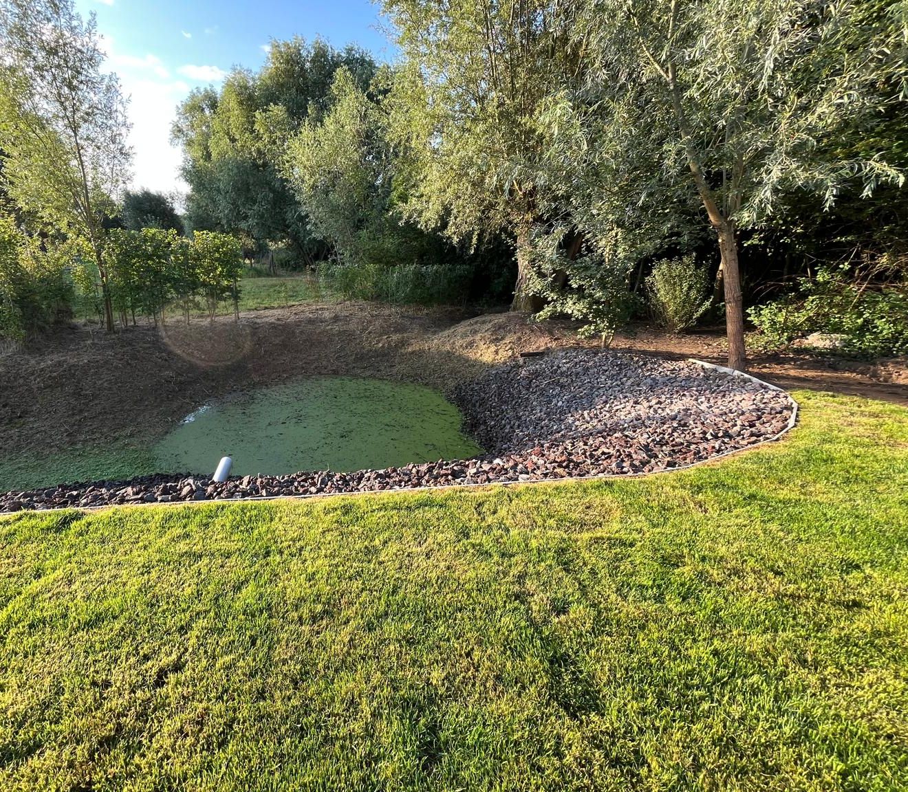 Wadi met keienrand en vers gazon in avondlicht